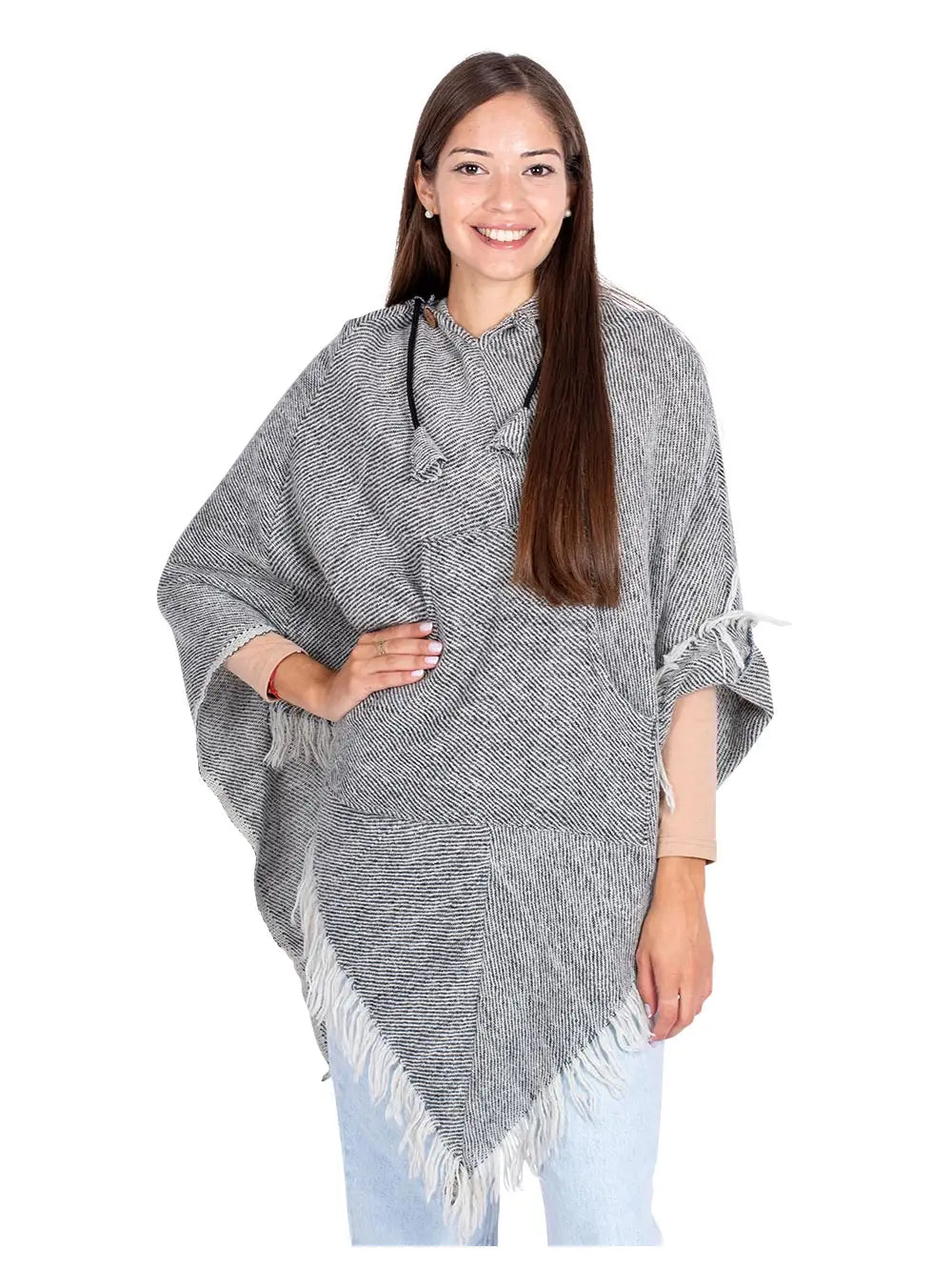 Unisex sivi trokutasti pončo s kapuljačom i resama