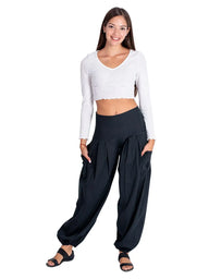 Crne pamučne boho hlače s velikim bočnim džepovima